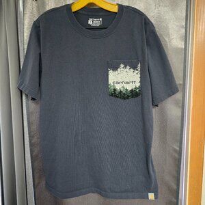 Carhartt Men's Slate Blue Pocket Tee with Forest Trees Graphic Size Medium